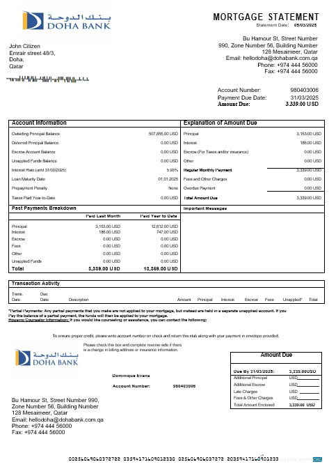 Download Qatar Doha bank mortgage statement in Word and PDF formats Photoshop template